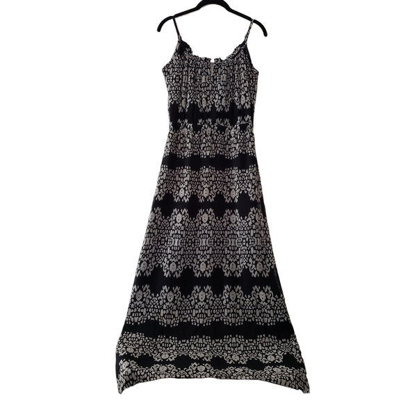 Banana Republic Spaghetti Strap Elastic Waist Maxi Dress, Black & Beige, Sz 0 - Picture 1 of 12